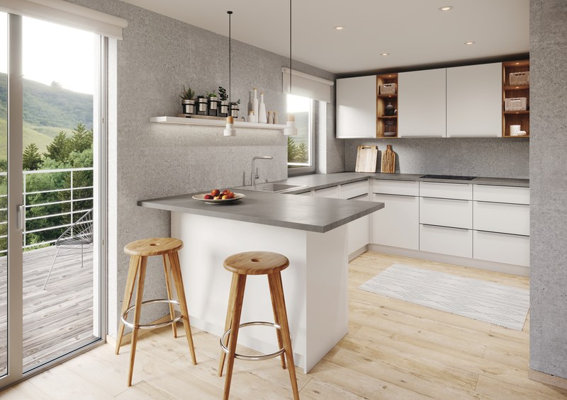 Tmavý drez v kombinácii s betónovou pracovnou doskou — industrial štýl