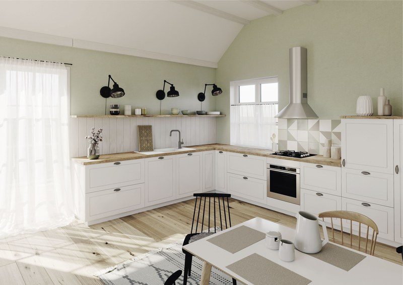 Drevená pracovná doska v škandinávskej kuchyni s drezom v montáži na dosku