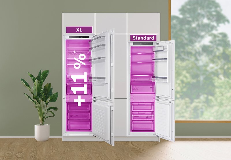 Bosch KIN96NSE0 — Zabudovateľná XL chladnička: získajte 11 % extra objemu úložného priestoru vďaka vyššiemu dizajnu.