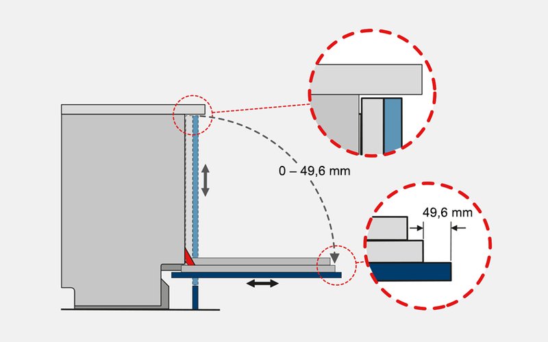 Bosch SBH4HVX14E — Dokonalé zladenie designu vďaka Vario pántom. Zabudovanie bez medzier aj v kuchyniach s nízkou výškou sokla či vysokými vstavanými riešeniami.