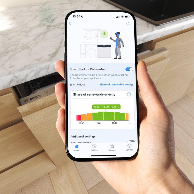 Bosch SMI4HCB07E — Automatické spúšťanie umývačky riadu v časoch s vyššou predpokladanou dostupnosťou obnoviteľnej energie alebo nižšími sadzbami za energie.