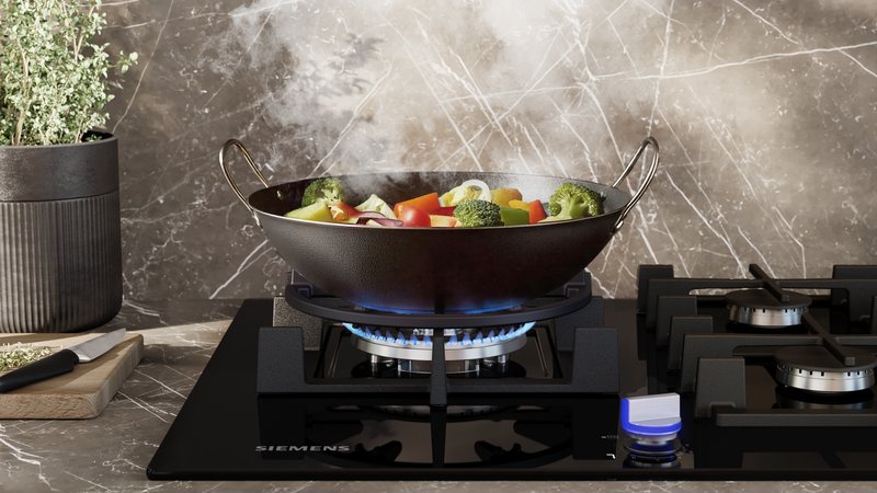 Siemens ER3A6AI10 — Dvojitý horák wok 6,0 kW: na jednom horáku môžete variť aj smažiť