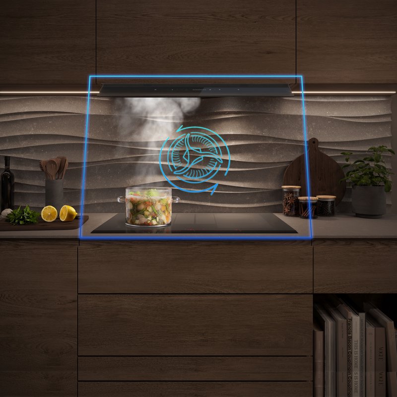 Siemens LJ67BDP60 — Intelligent hood automatic: automaticky upravuje výkon na základe nastavenia varnej dosky.